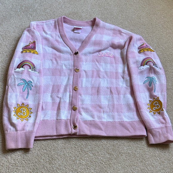 Barbie Sweaters - Barbie Pink and White Checkered Cardigan with Fun Embroidery